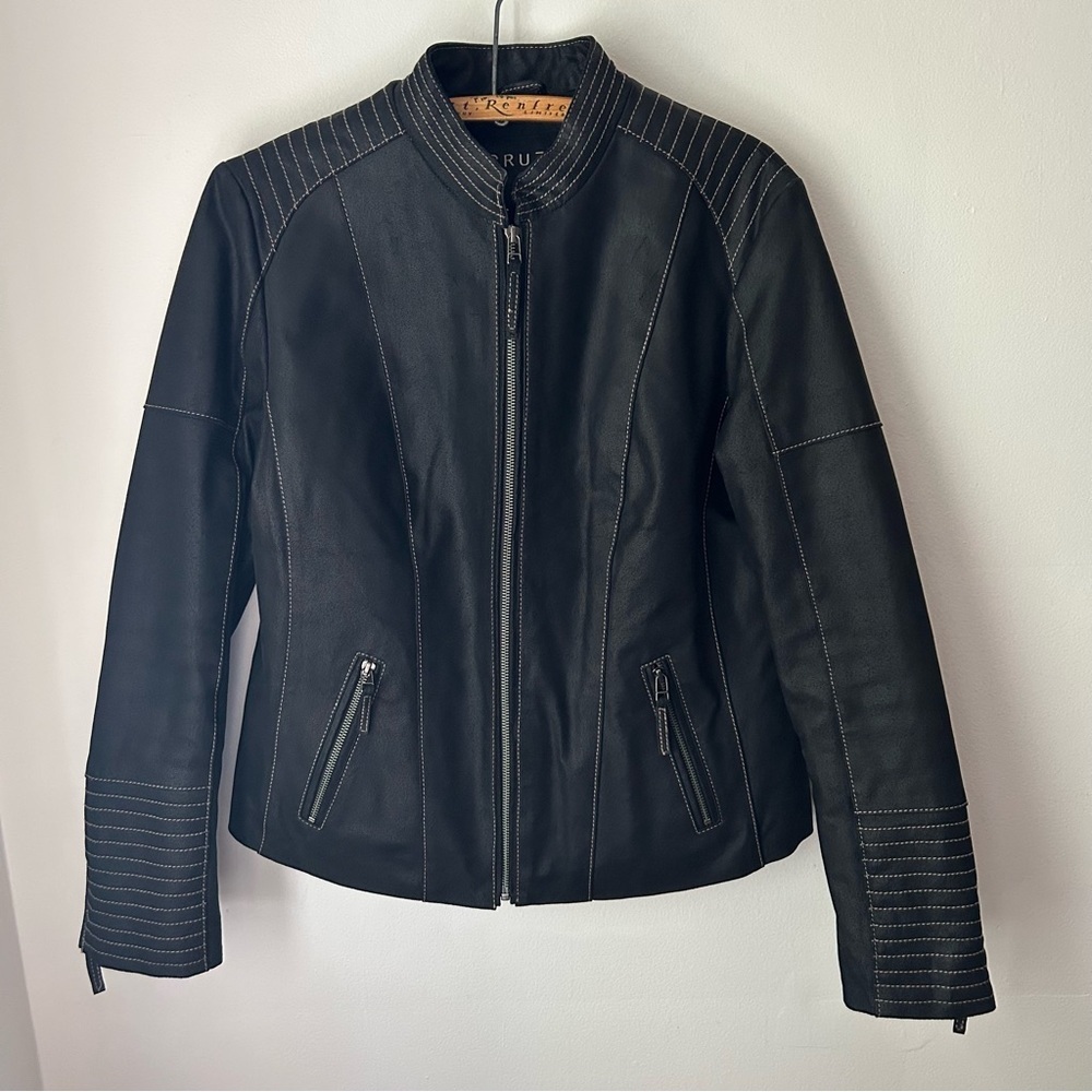 Cruze Black Leather Moto Biker Jacket Tab Collar Zip Up Contrast Stitching Lrg